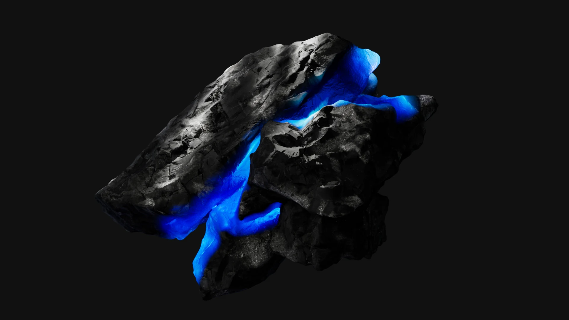 Dark rock split by glowing blue light