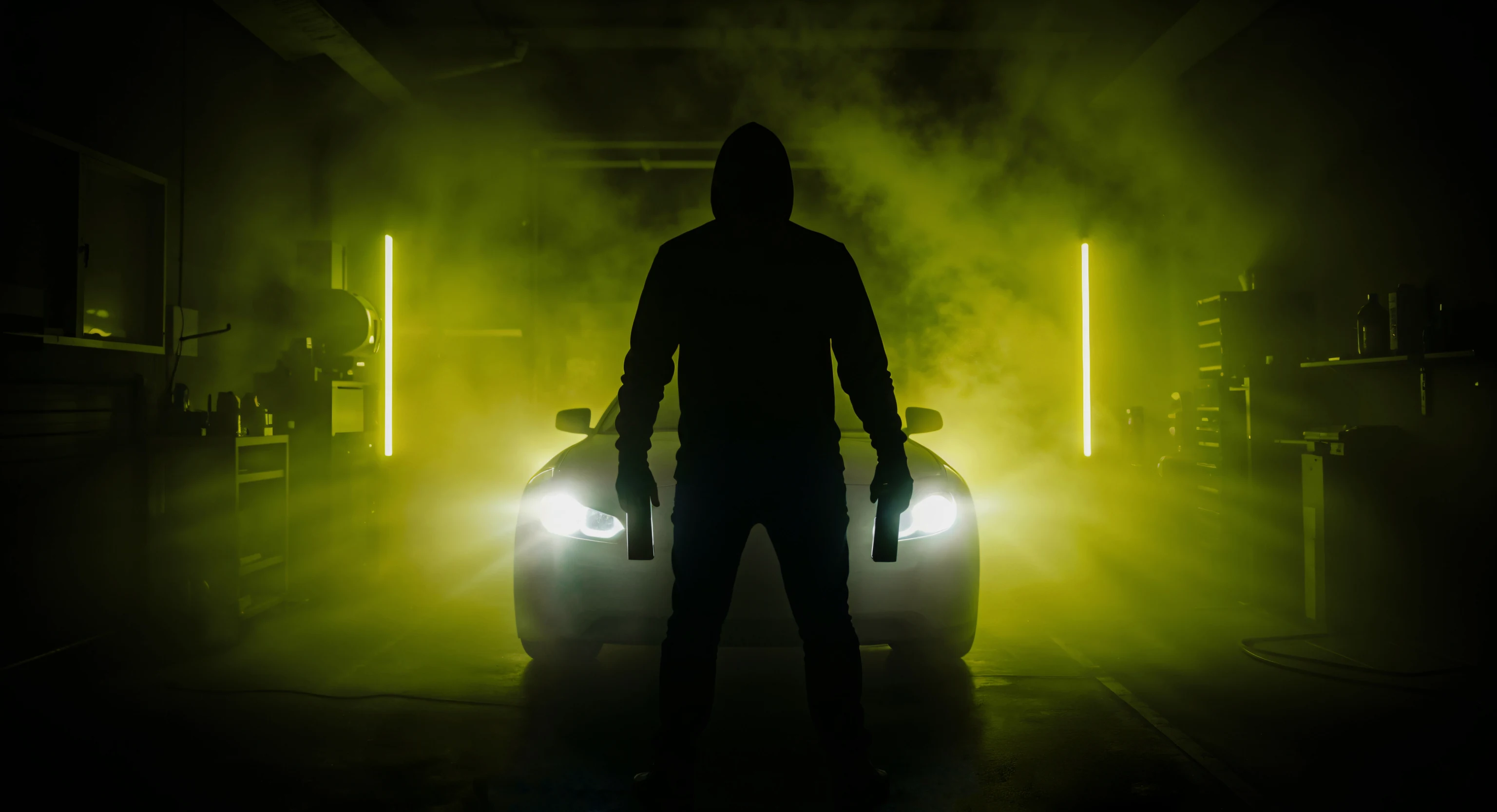 Hooded figure in front of a car in green smoke