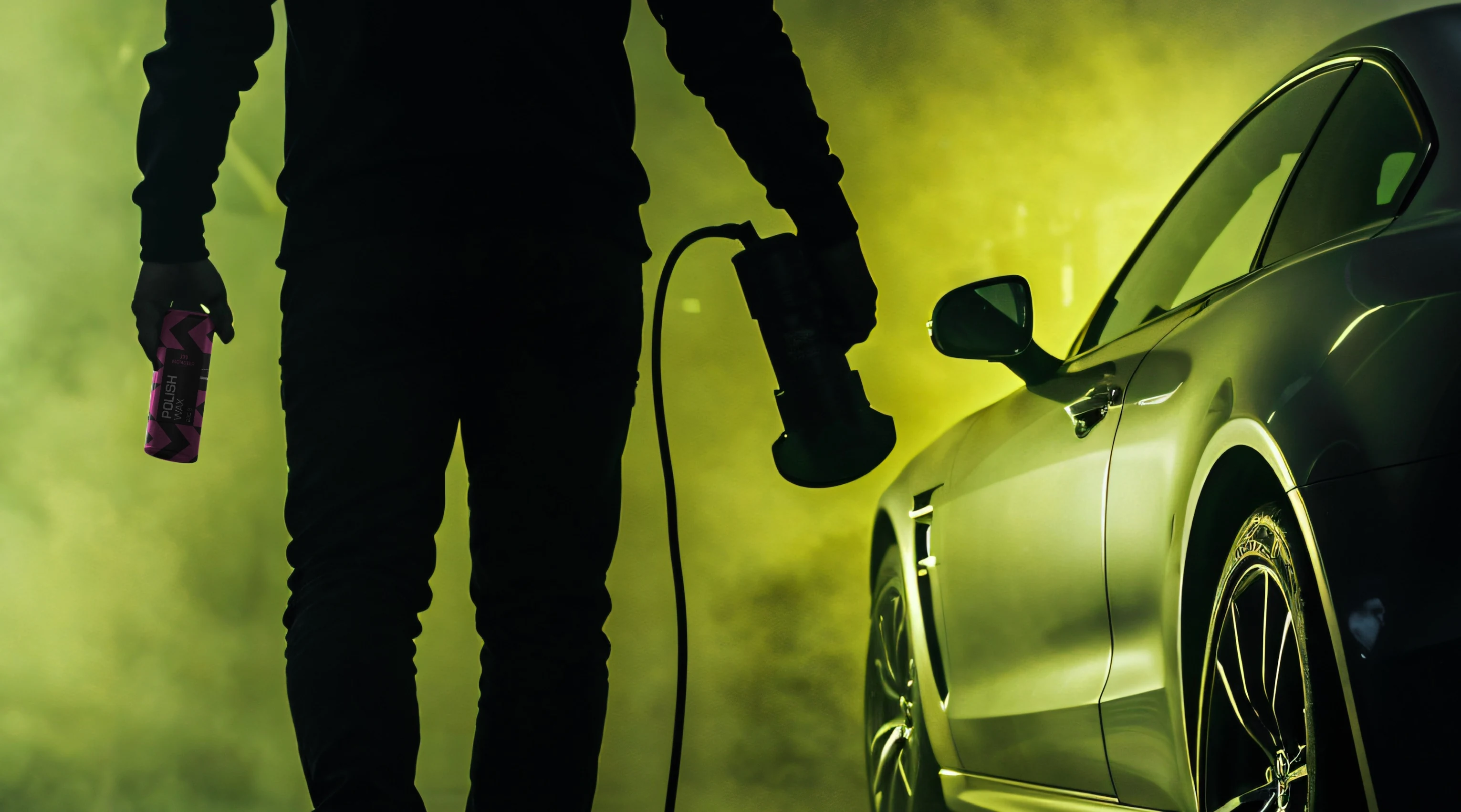 Detailer polishing a car in green smoke